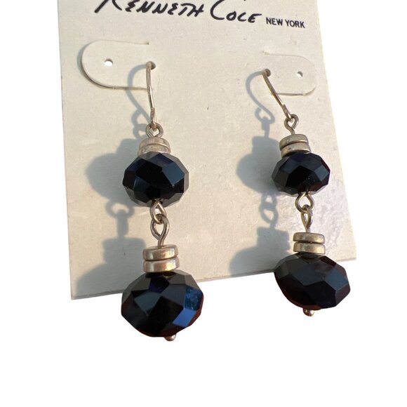 Kenneth Cole New York Black Glass Dangle Earrings Gold Tone Faceted 1.5" New - Picture 2 of 4